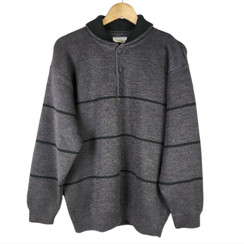 Aklanda Australia Wool Shawl Collar Sweater 1/4 Button Marled Stripe Size Large